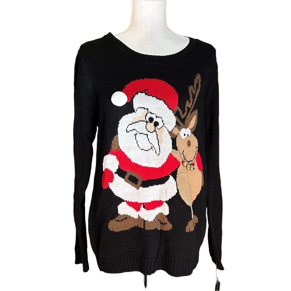 Karen Scott Jingle Bell Santa and Reindeer Holiday Festive Sweater‎ Sz Large NEW